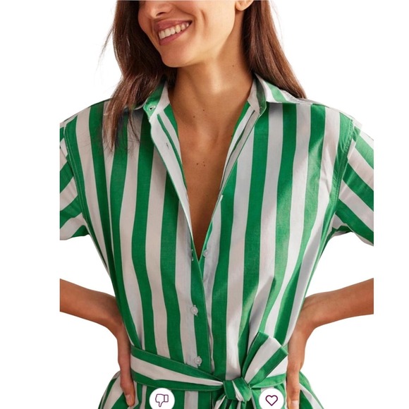 BODEN Relaxed Long Sleeve Cotton Midi Shirt Dress, Green and White Striped, 12R - Picture 3 of 11